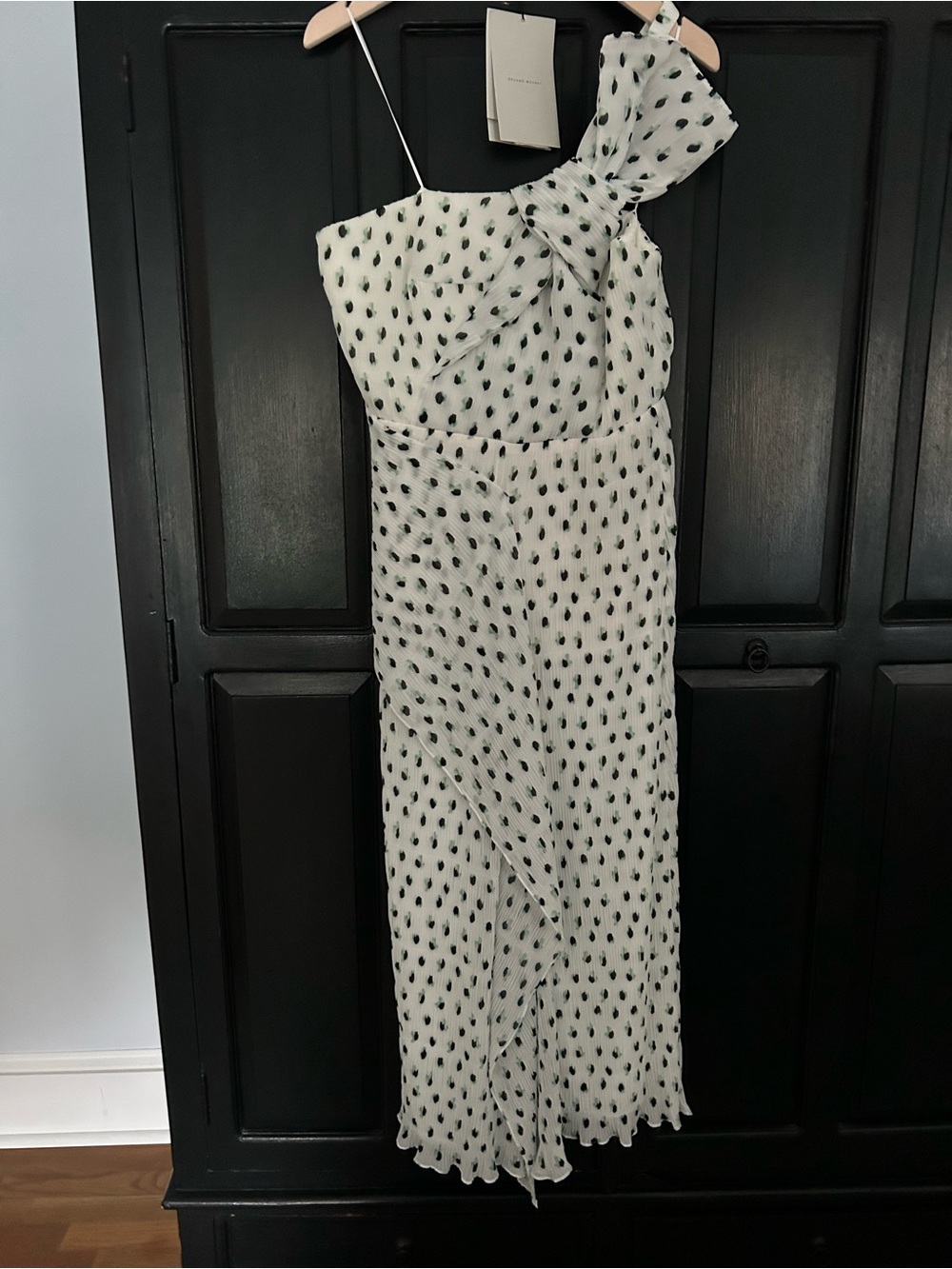Roland Mouret Silk Smock Pleated One Shoulder Maxi Dress in Painterly Polka Dot